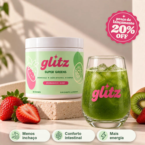 GLITZ Super Greens, sabor Morango e Kiwi, preço de lançamento 20% OFF